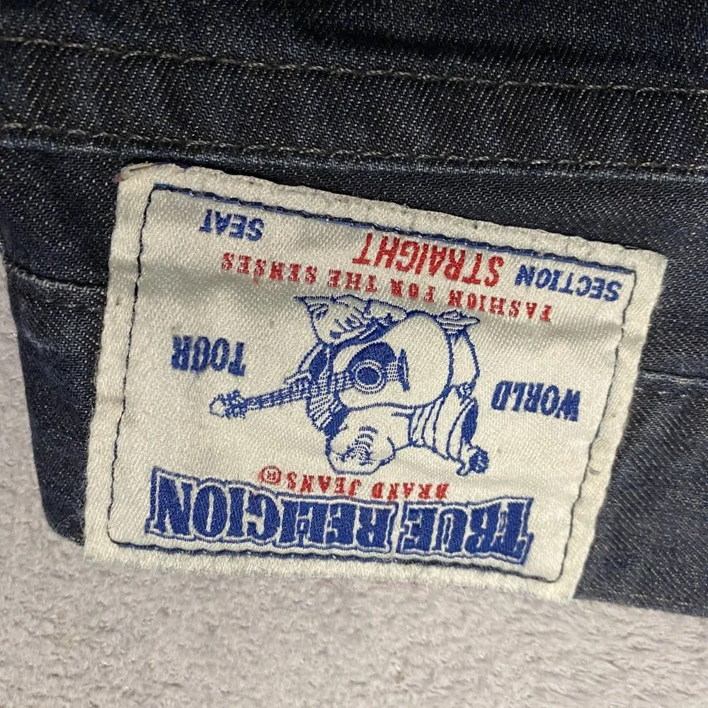 True Religion Straight Jeans Mens 36x34 Painted Logo Pockets Distressed